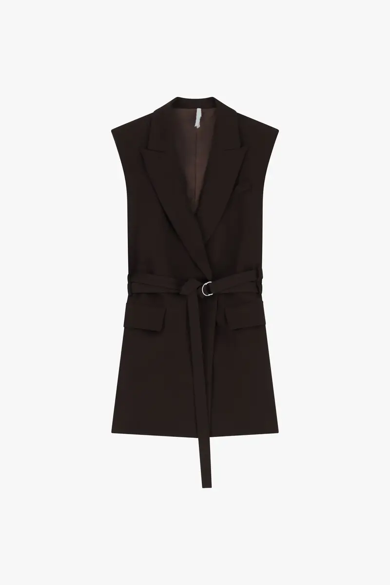 Gilet lungo con tasche e cintura Moro