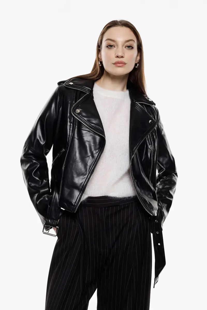 Giubbotto biker in similpelle con zip e cintura Nero miniatura 2