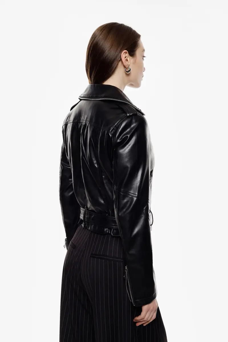 Giubbotto biker in similpelle con zip e cintura Nero miniatura 3