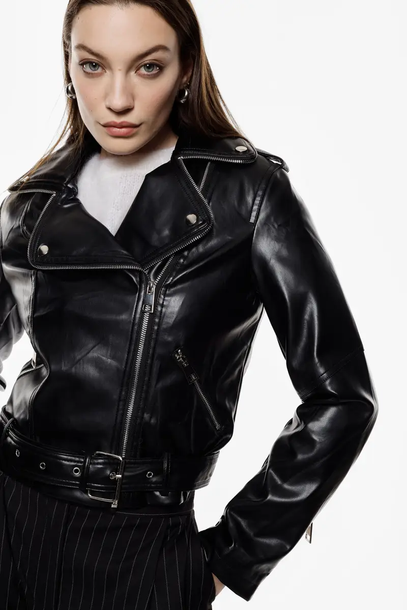 Giubbotto biker in similpelle con zip e cintura Nero miniatura 4