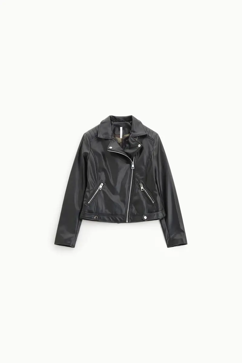 Giubbotto biker in similpelle con zip e colletto Nero