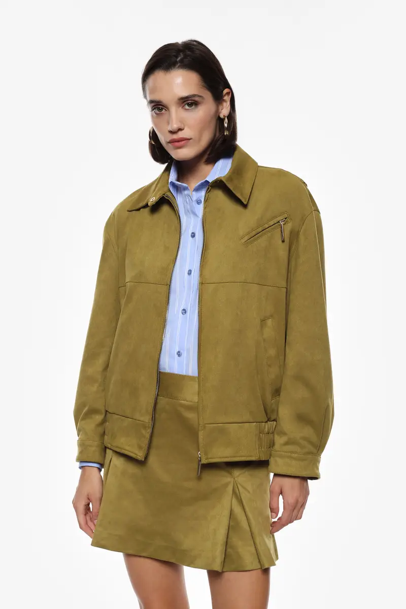 Giubbotto bomber effetto suede con zip Oliva miniatura 2