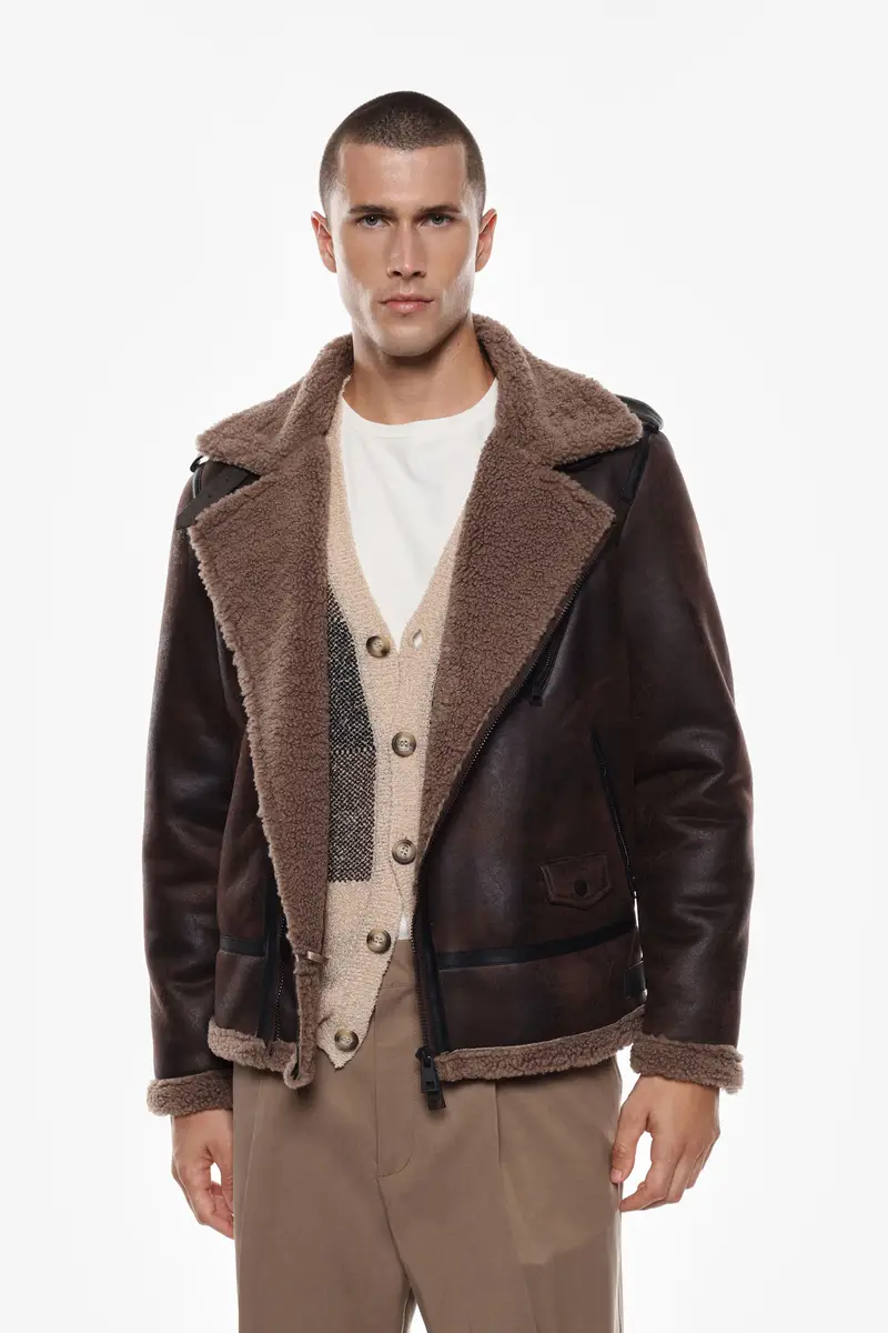 Giubbotto in similpelle con fodera tipo montone Moro