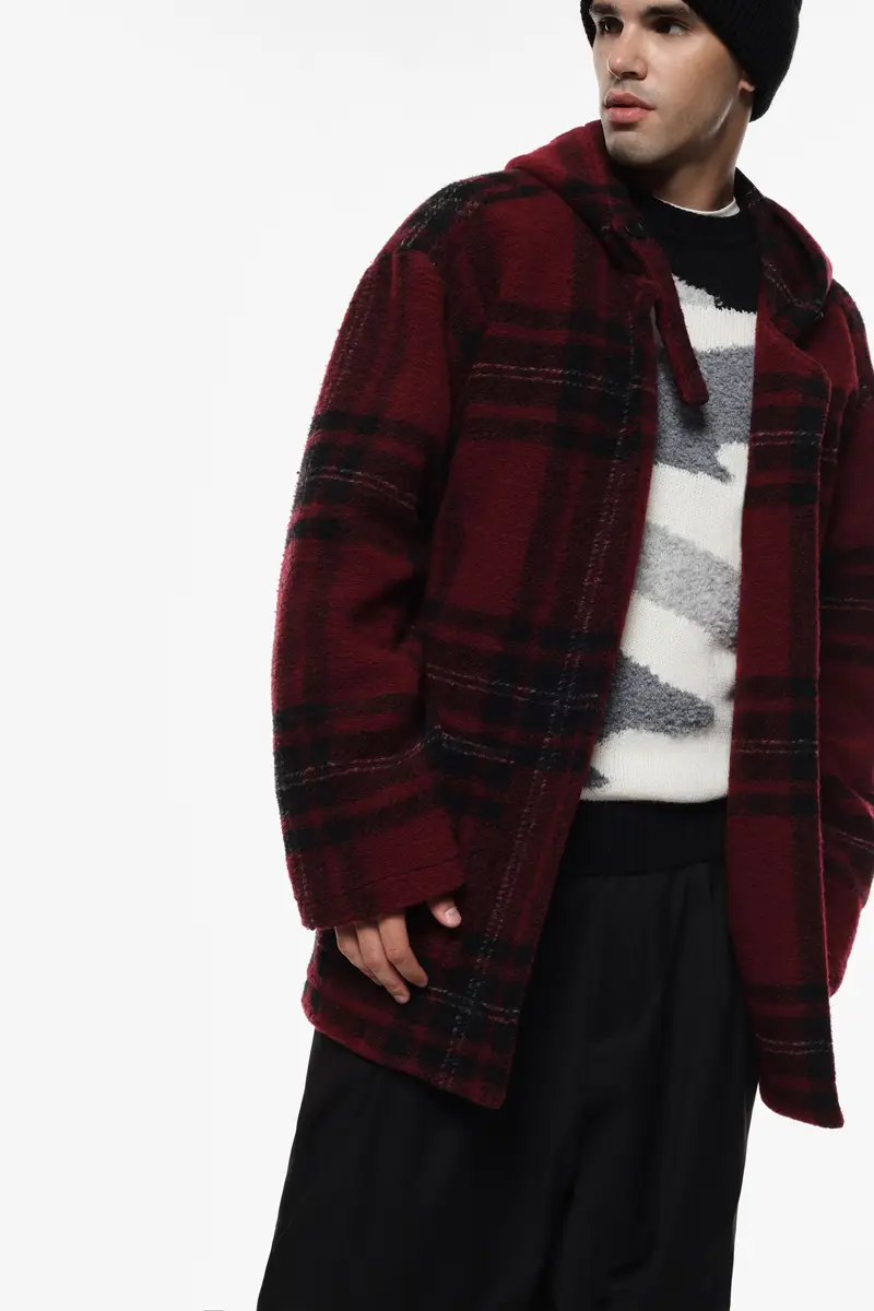 Giubbotto lungo a quadri con cappuccio Bordeaux miniatura 2