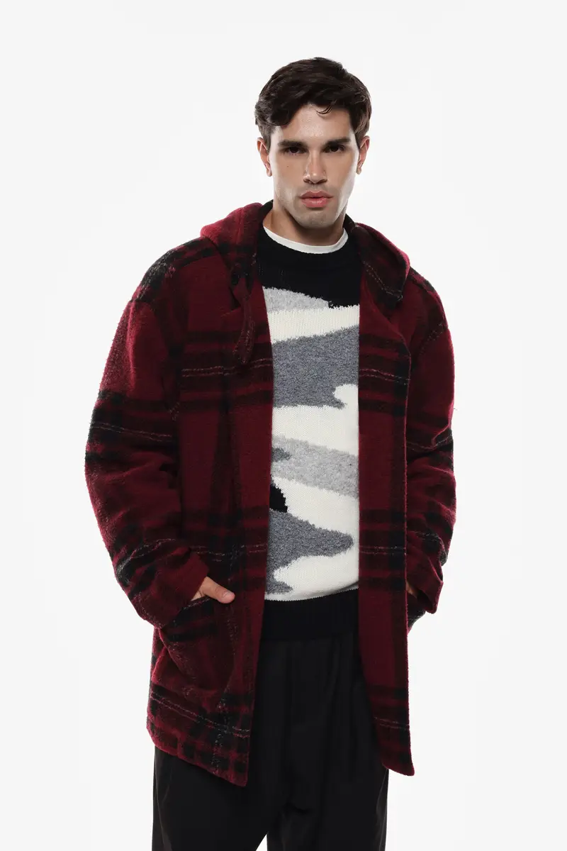 Giubbotto lungo a quadri con cappuccio Bordeaux miniatura 3