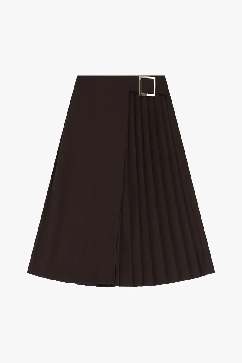 Gonna a pieghe midi con cintura squadrata Moro