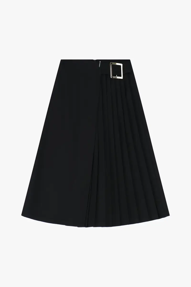 Gonna a pieghe midi con cintura squadrata Nero