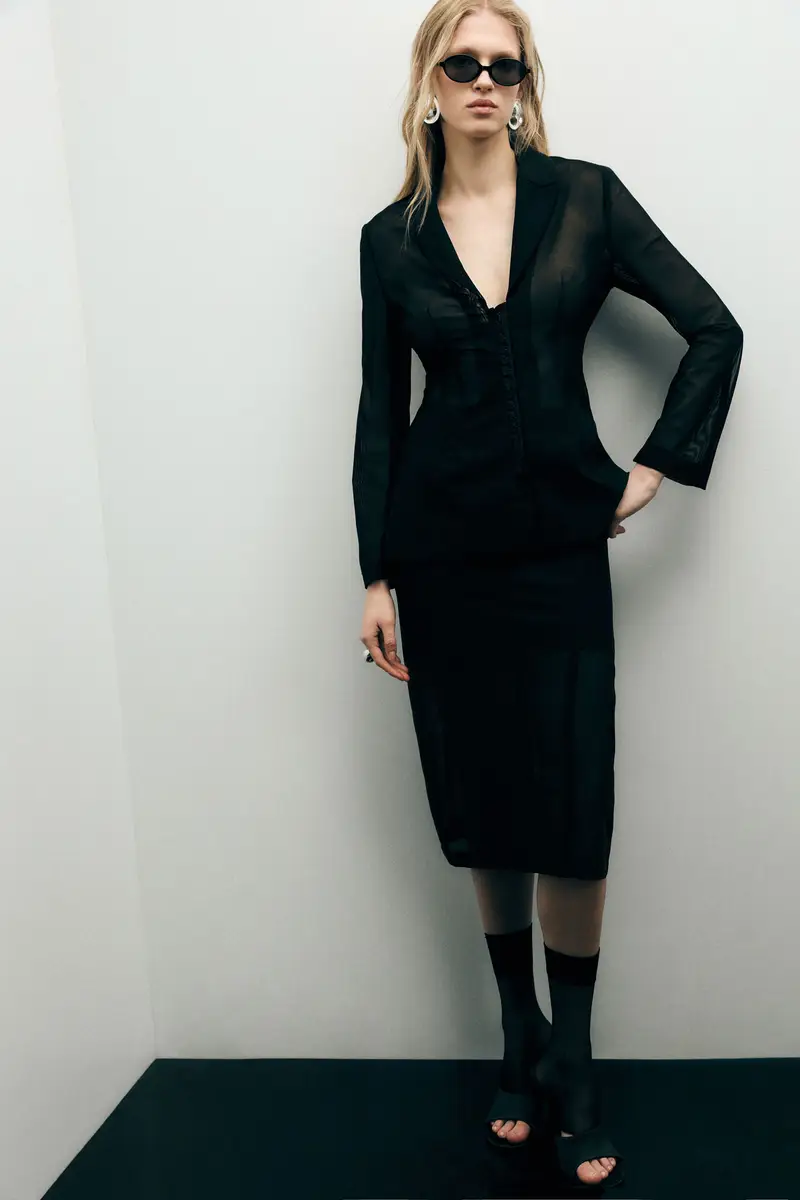 Gonna a tubino midi con pannello trasparente Nero miniatura 2