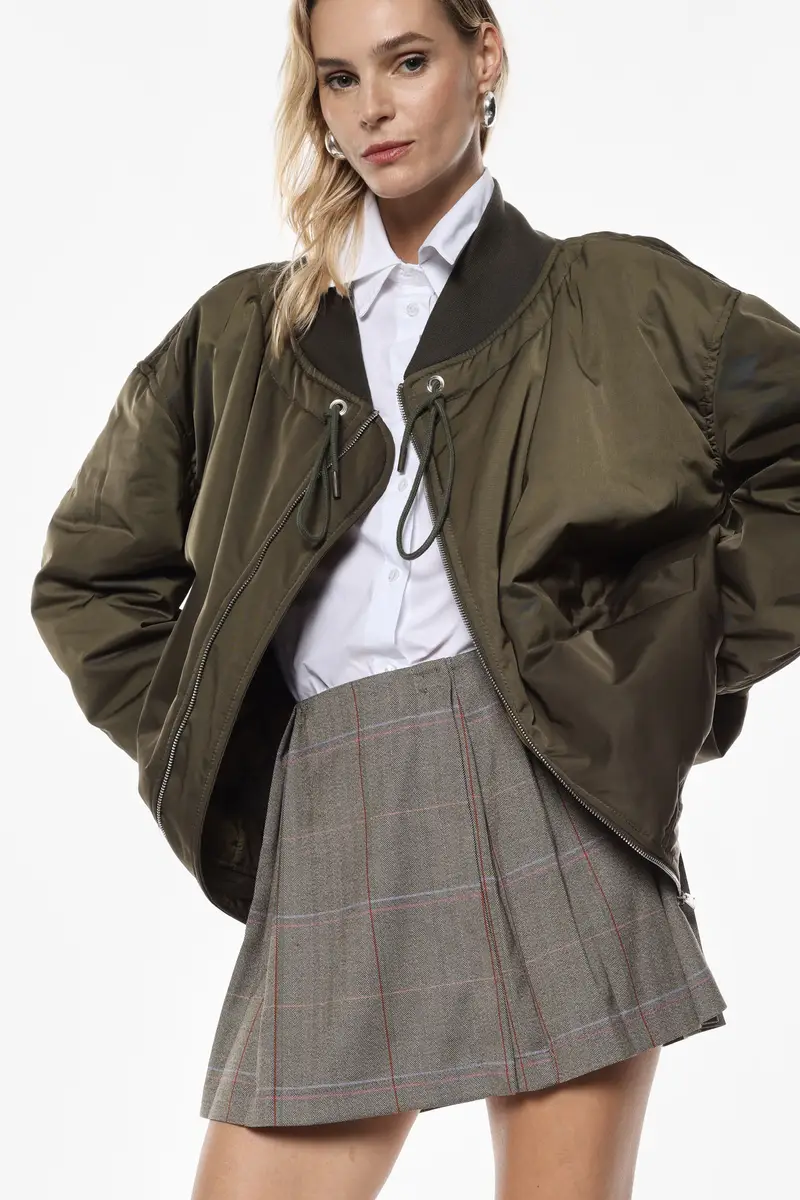 Gonna corta a pieghe motivo check vita alta Militare miniatura 3