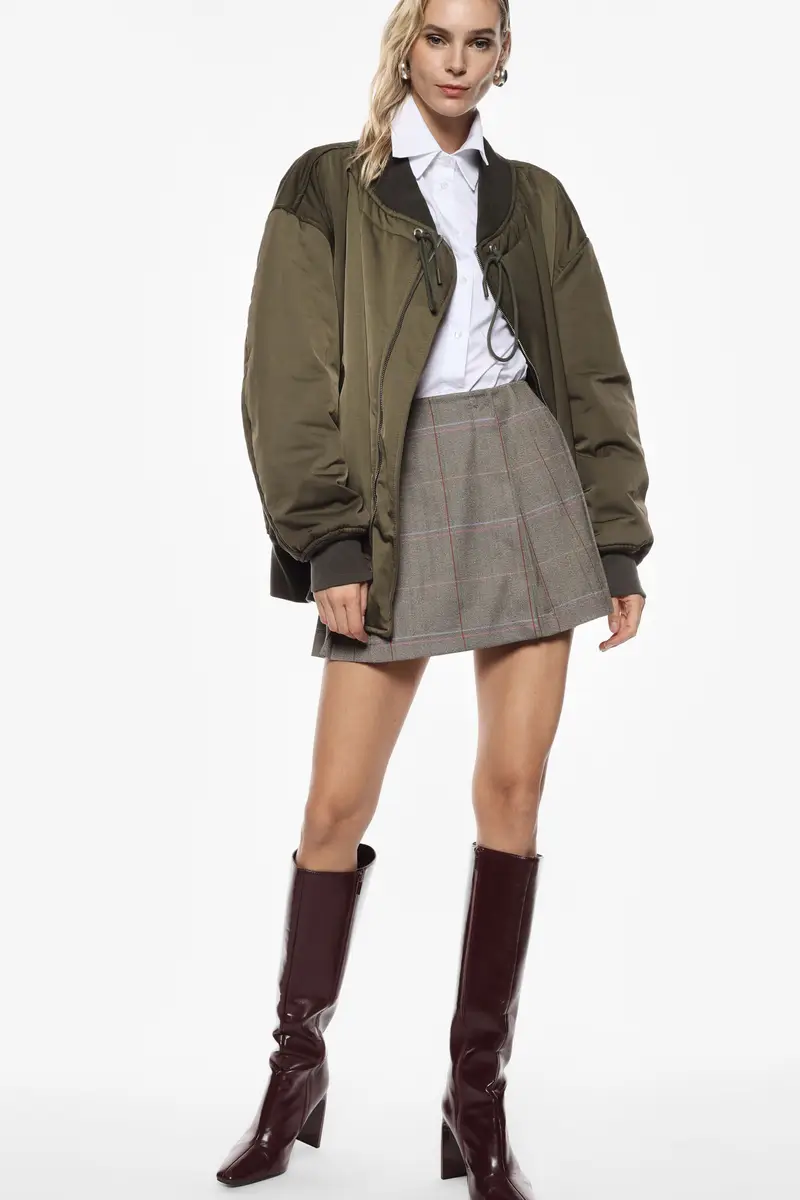 Gonna corta a pieghe motivo check vita alta Militare miniatura 2