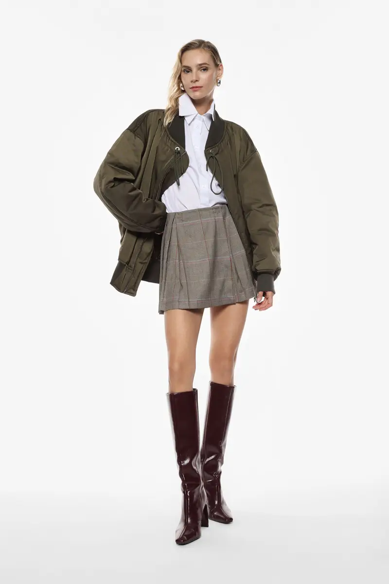 Gonna corta a pieghe motivo check vita alta Militare miniatura 4