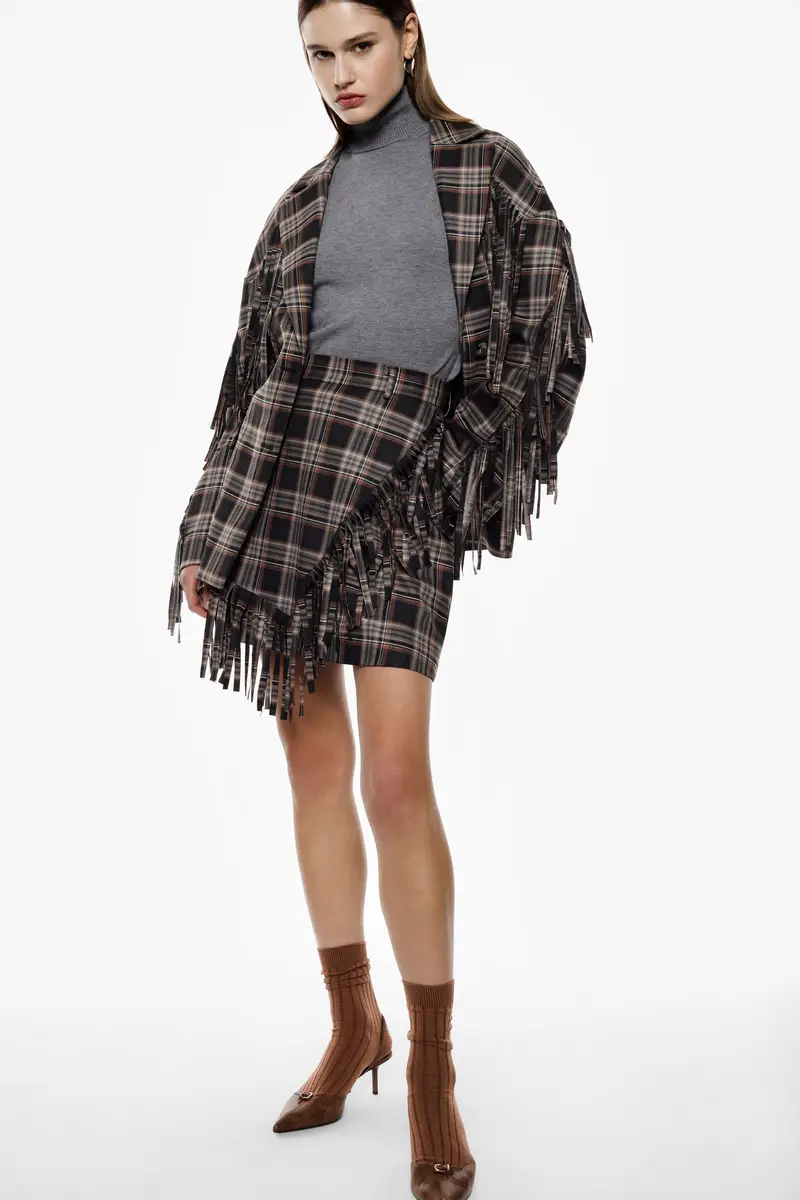 Gonna corta a portafoglio con frange e motivo tartan Nero miniatura 2