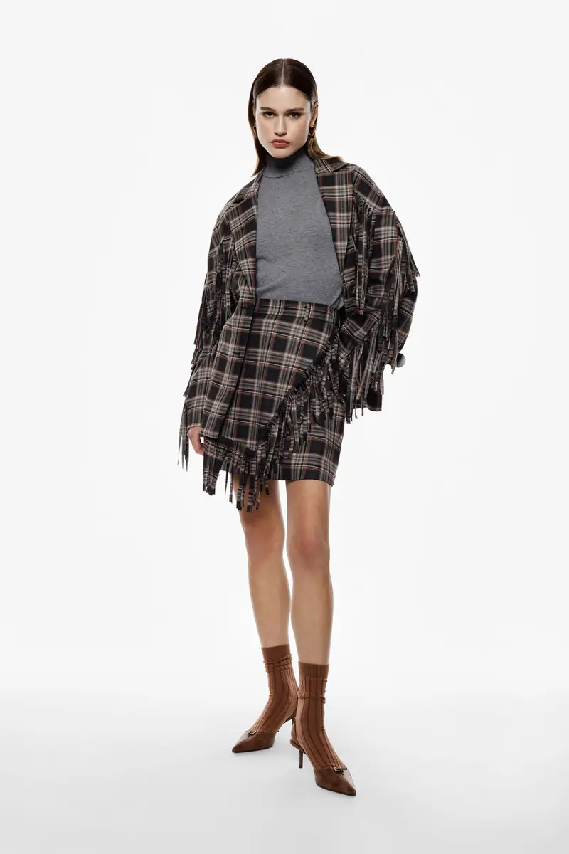 Gonna corta a portafoglio con frange e motivo tartan Nero miniatura 3