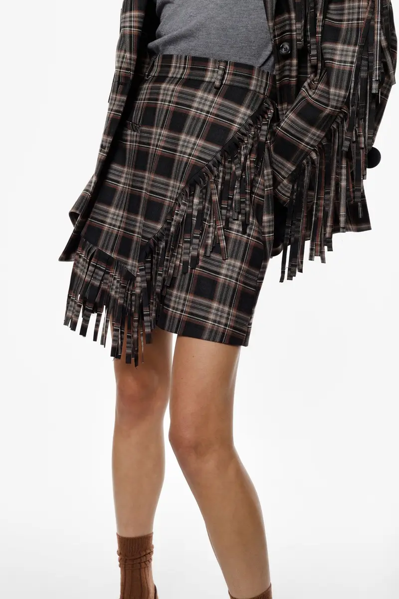 Gonna corta a portafoglio con frange e motivo tartan Nero miniatura 4