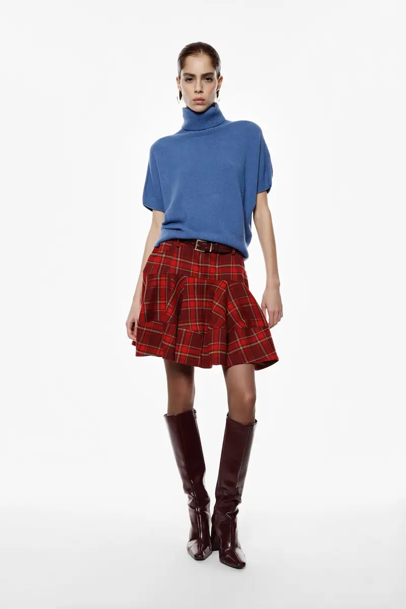 Gonna corta a vita alta con motivo tartan Rosso miniatura 2