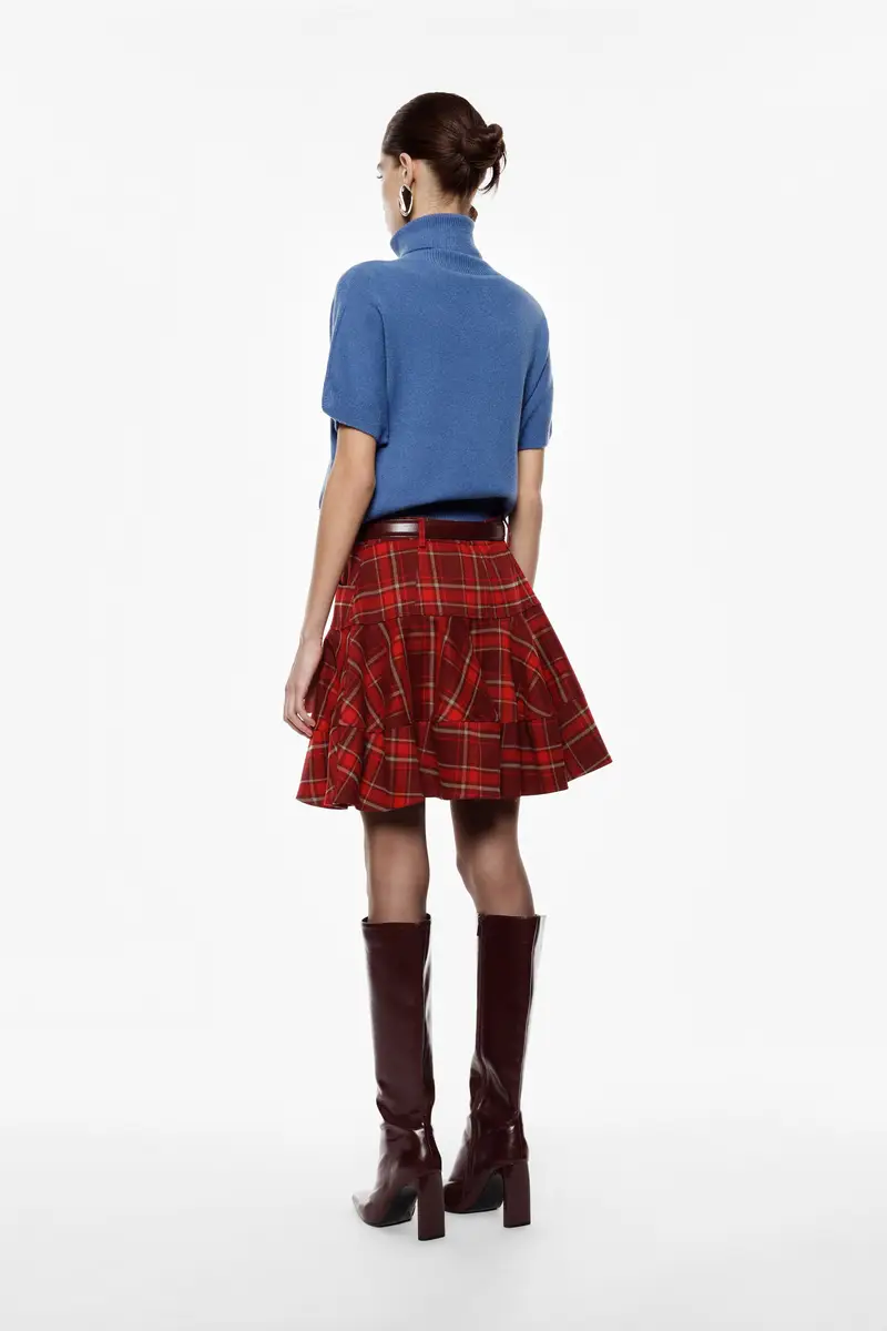 Gonna corta a vita alta con motivo tartan Rosso miniatura 3