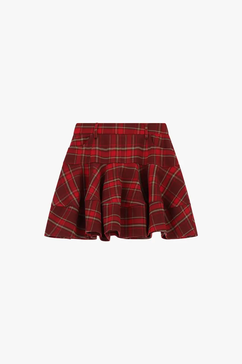 Gonna corta a vita alta con motivo tartan Rosso