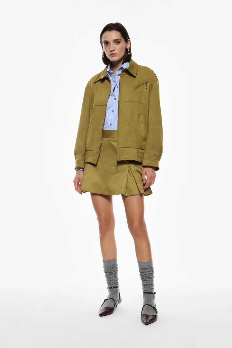 Gonna corta effetto suede a vita alta Oliva miniatura 2