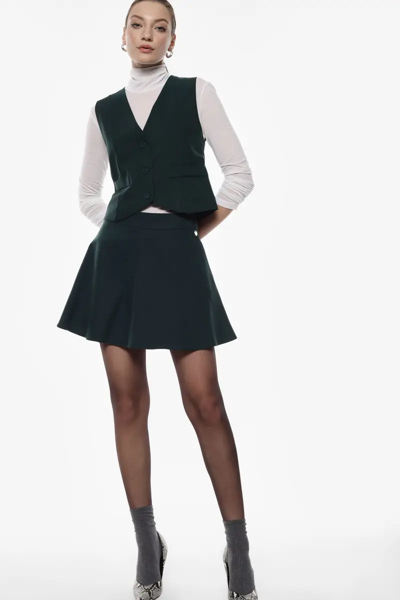 Gonna corta svasata vita alta bottoncino laterale Forest green miniatura 2