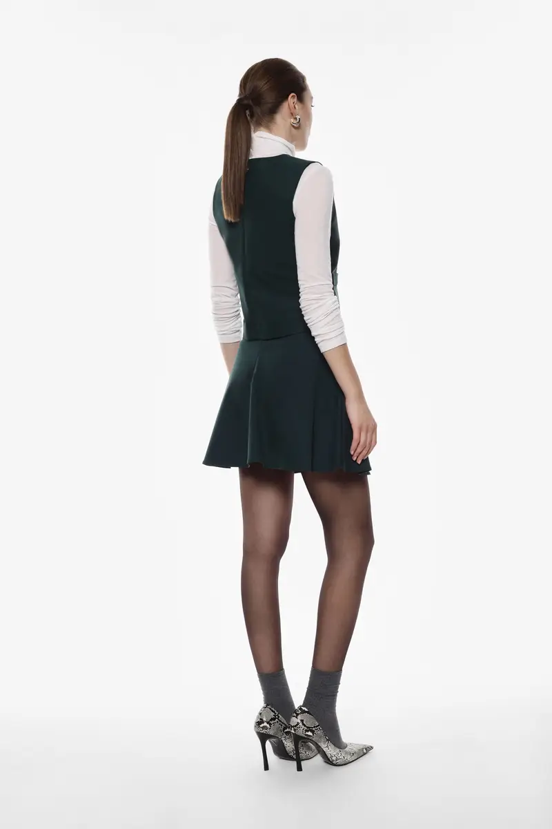 Gonna corta svasata vita alta bottoncino laterale Forest green miniatura 3