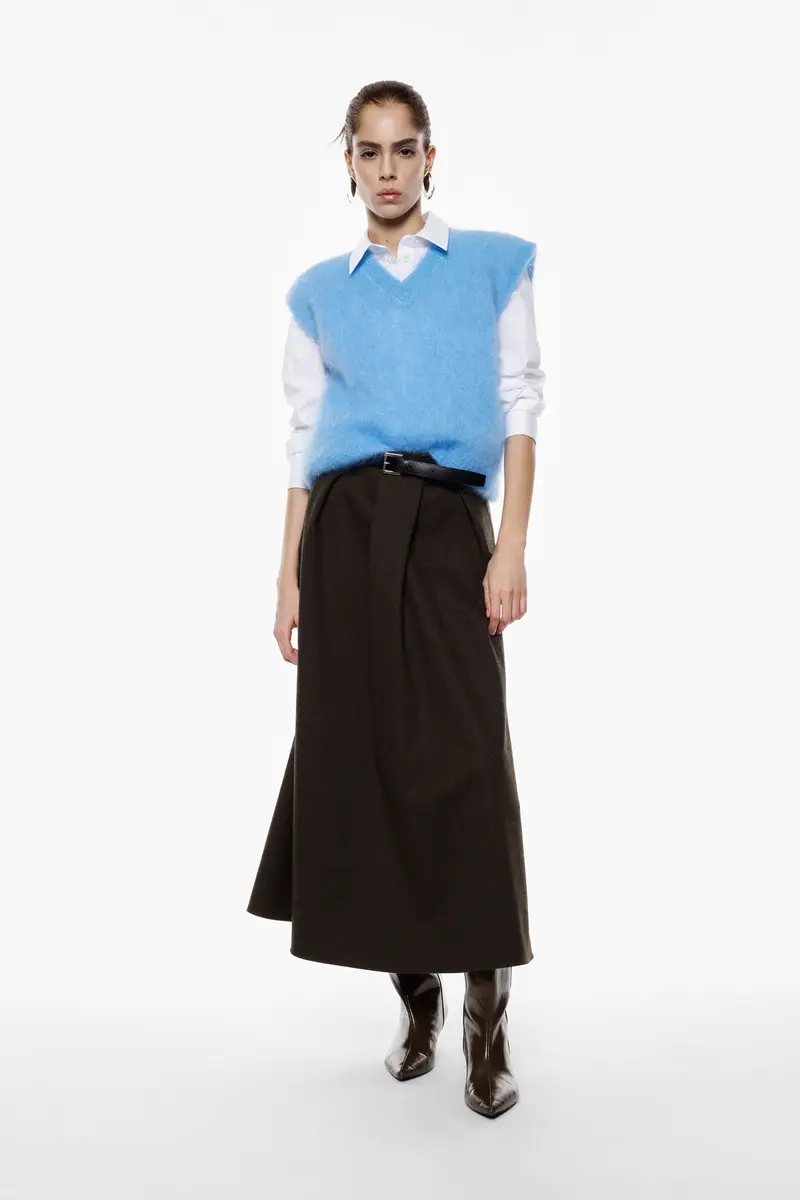 Gonna lunga a pieghe con cintura e vita alta Militare miniatura 2