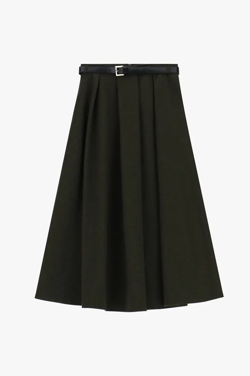 Gonna lunga a pieghe con cintura e vita alta Militare