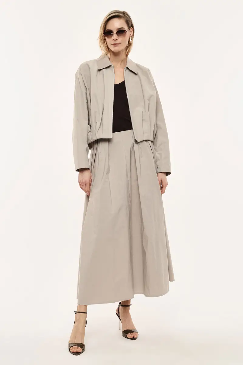 Gonna lunga a pieghe con vita alta e tasche Beige miniatura 2