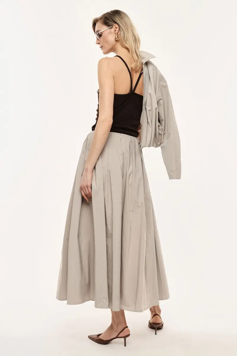 Gonna lunga a pieghe con vita alta e tasche Beige miniatura 3