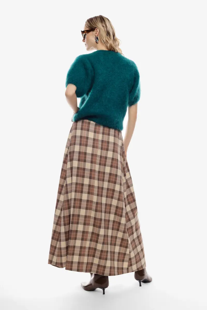 Gonna lunga a quadri con cintura e pinces Beige miniatura 3