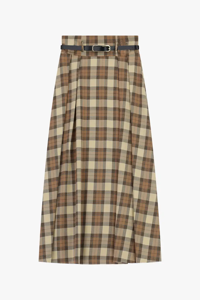 Gonna lunga a quadri con cintura e pinces Beige