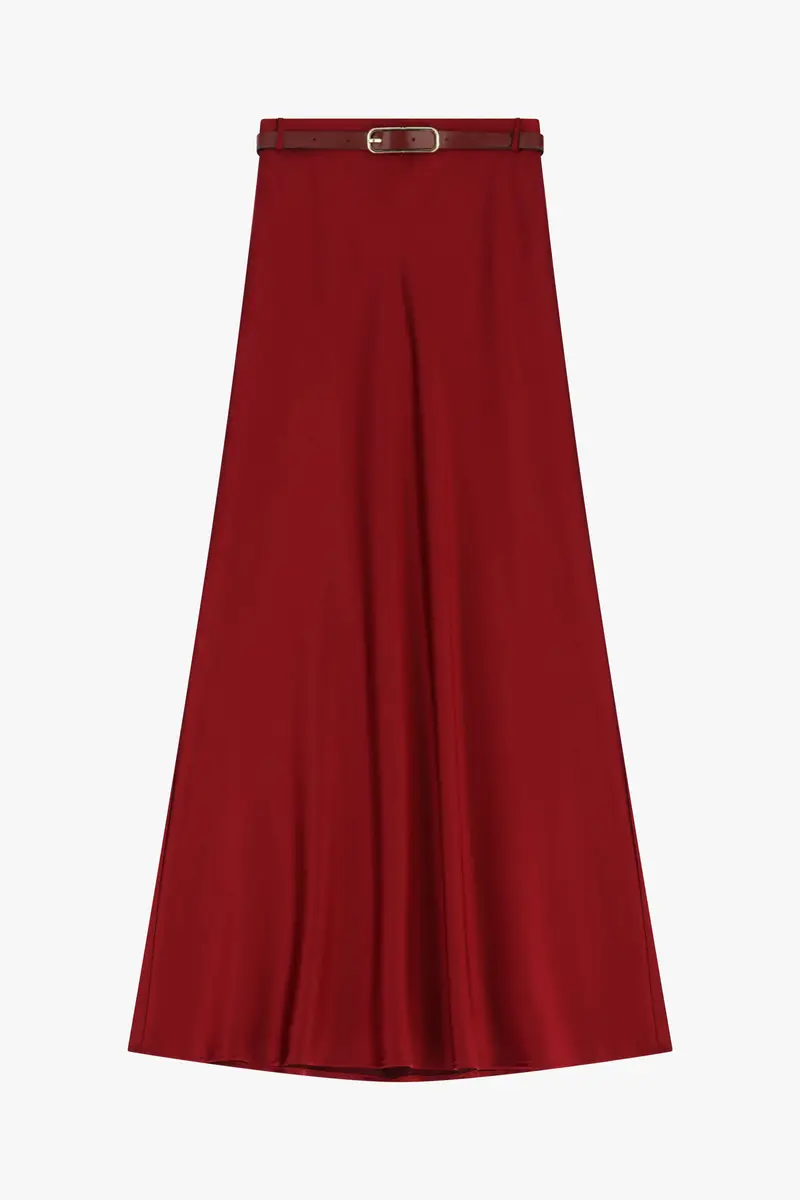 Gonna lunga a vita alta effetto satinato Carminio