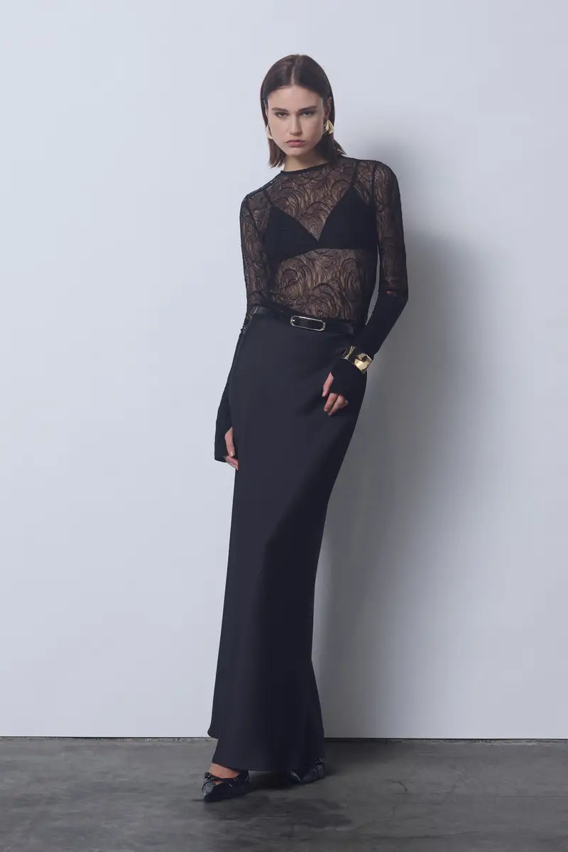 Gonna lunga a vita alta effetto satinato Nero miniatura 2