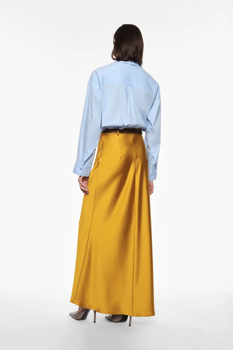 Gonna lunga a vita alta effetto satinato Ocra miniatura 4