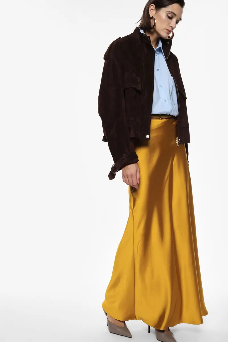 Gonna lunga a vita alta effetto satinato Ocra miniatura 2