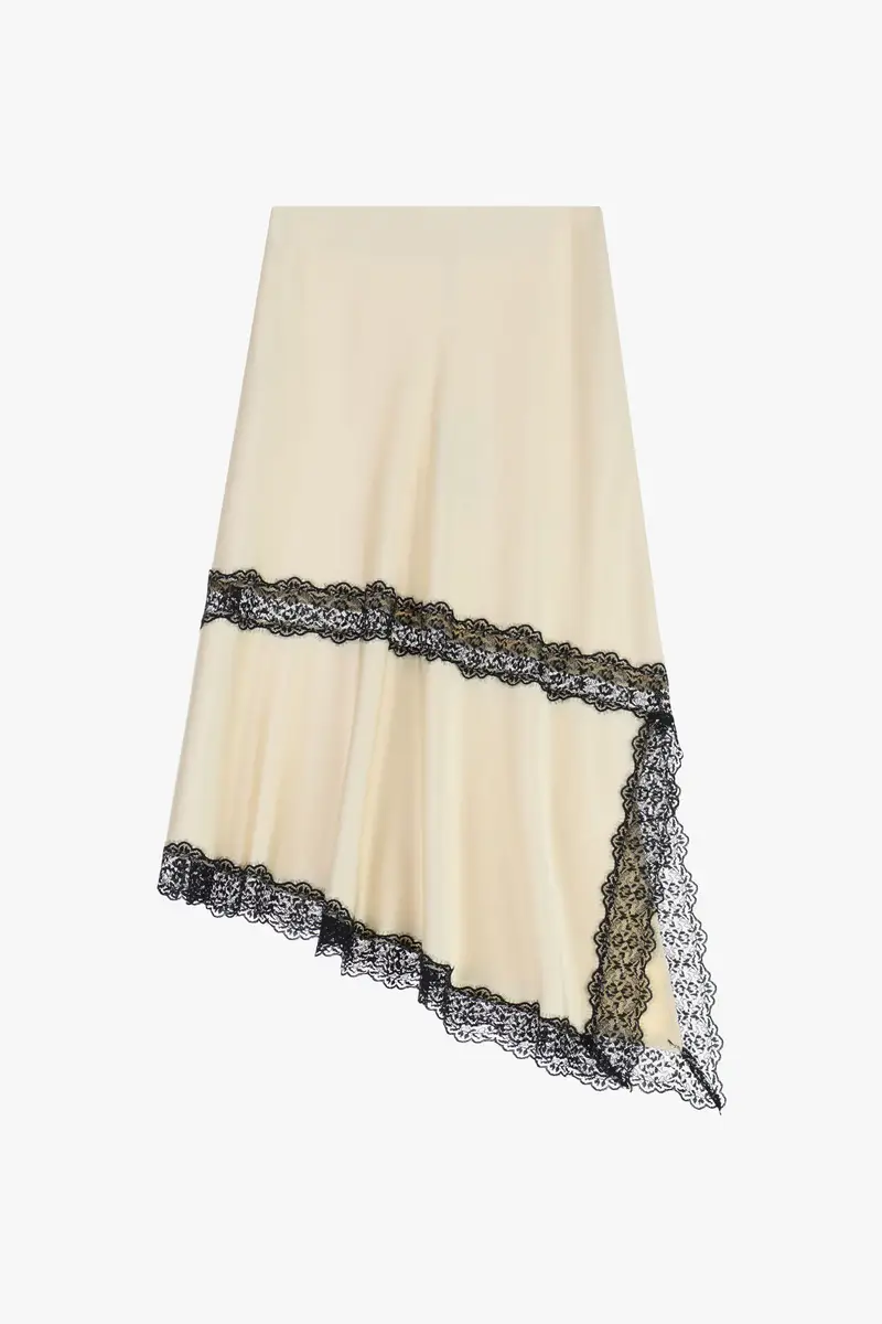 Gonna lunga asimmetrica con bordo in pizzo Gesso