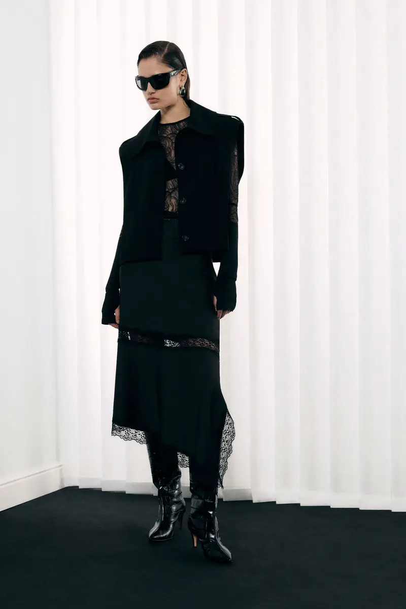 Gonna lunga asimmetrica con bordo in pizzo Nero miniatura 2