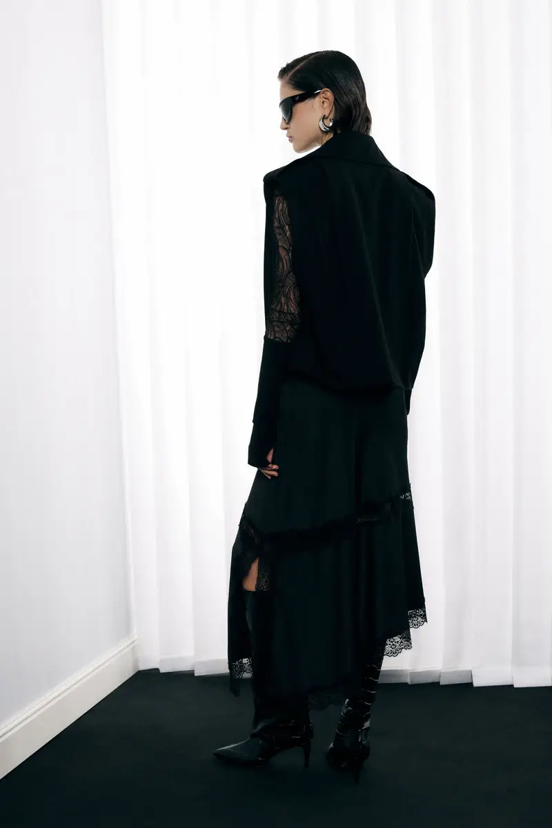 Gonna lunga asimmetrica con bordo in pizzo Nero miniatura 3