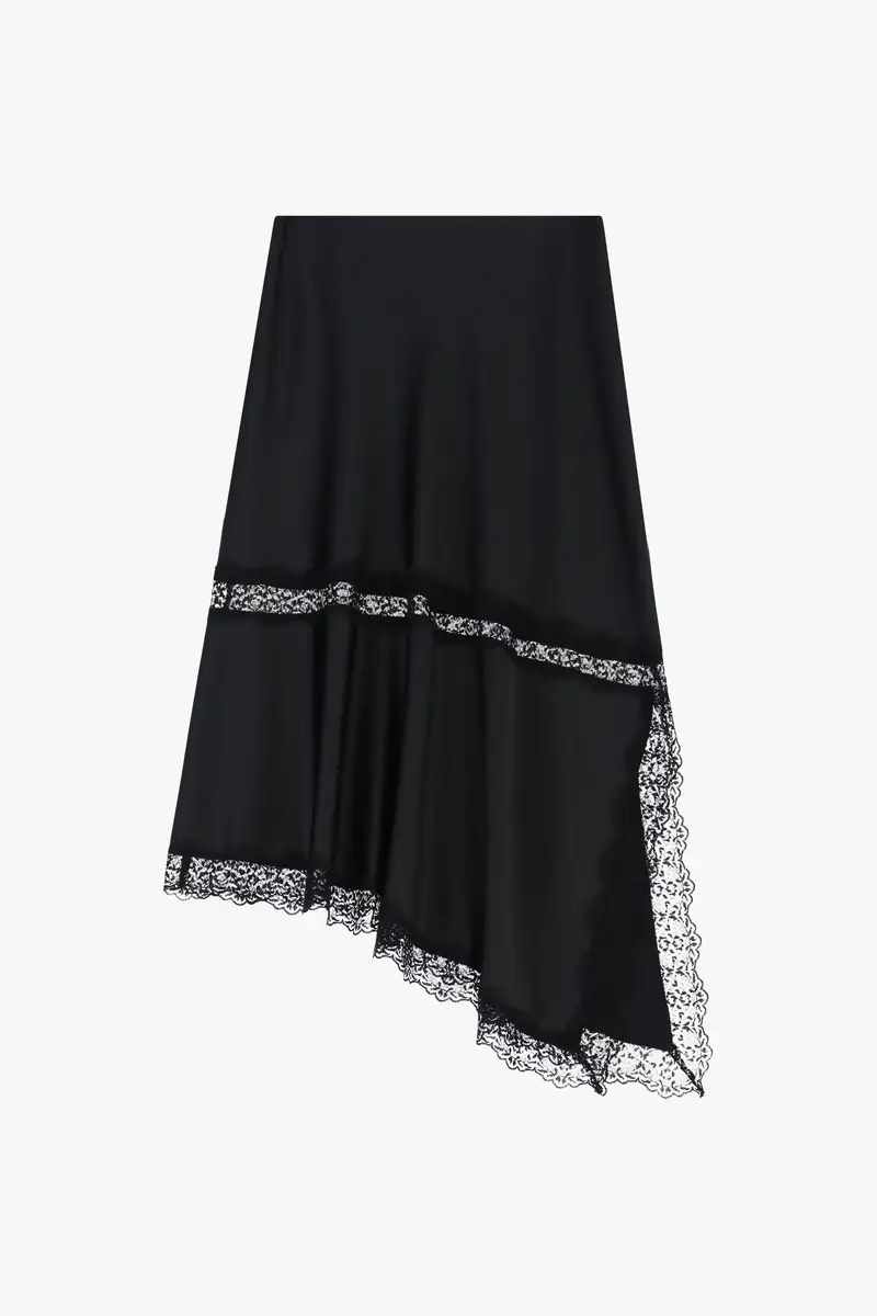 Gonna lunga asimmetrica con bordo in pizzo Nero