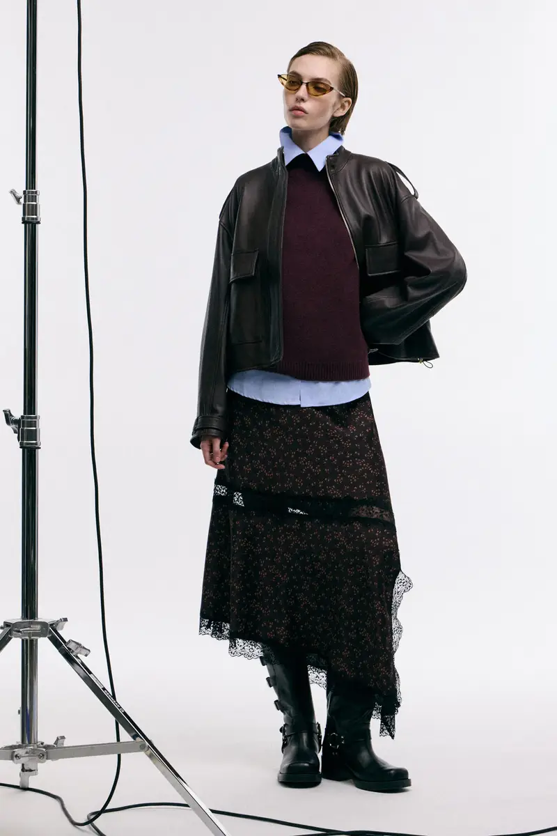 Gonna lunga asimmetrica con stampa floreale e bordo in pizzo Cioccolato miniatura 2