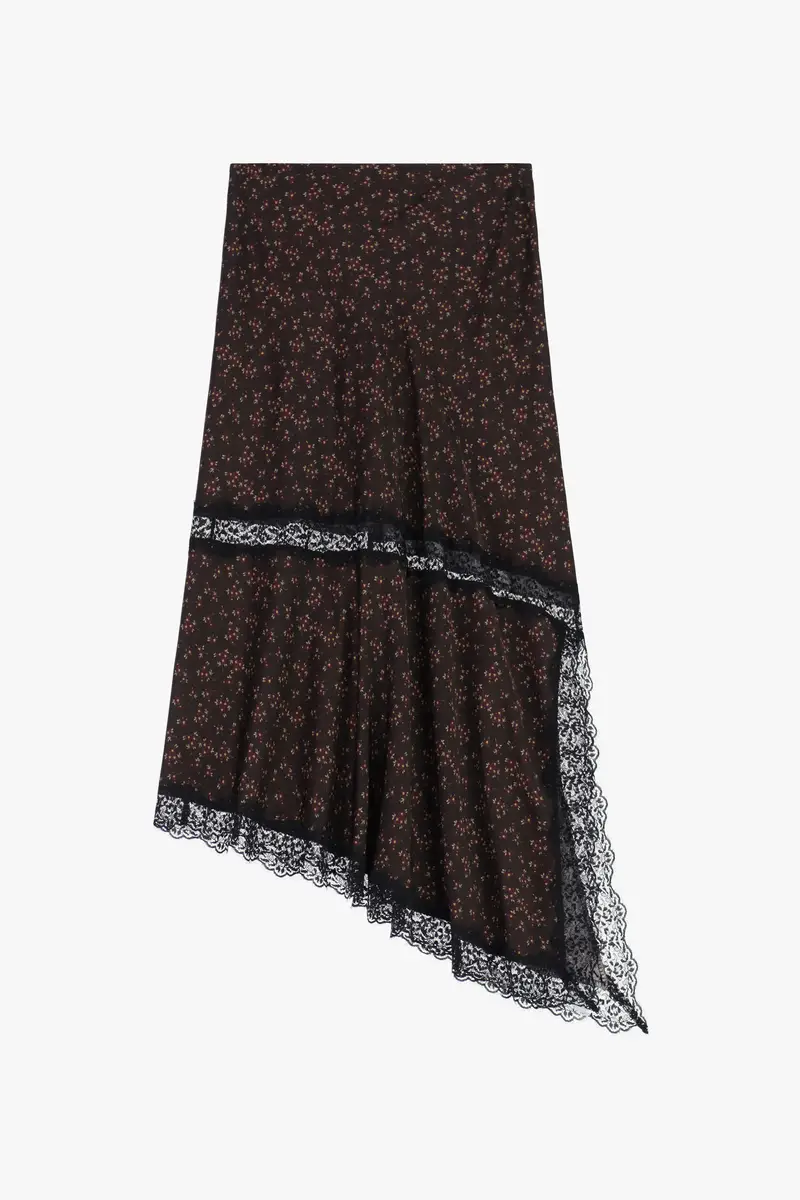 Gonna lunga asimmetrica con stampa floreale e bordo in pizzo Cioccolato