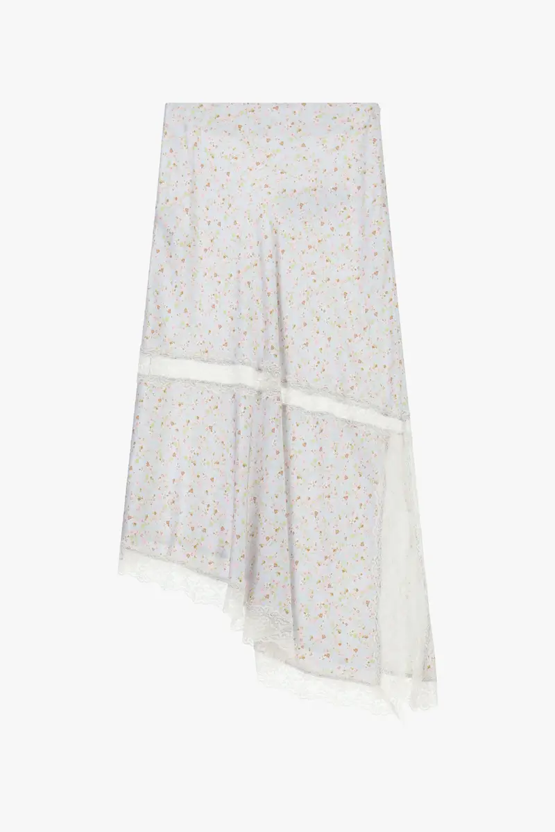 Gonna lunga asimmetrica con stampa floreale e pizzo Celeste