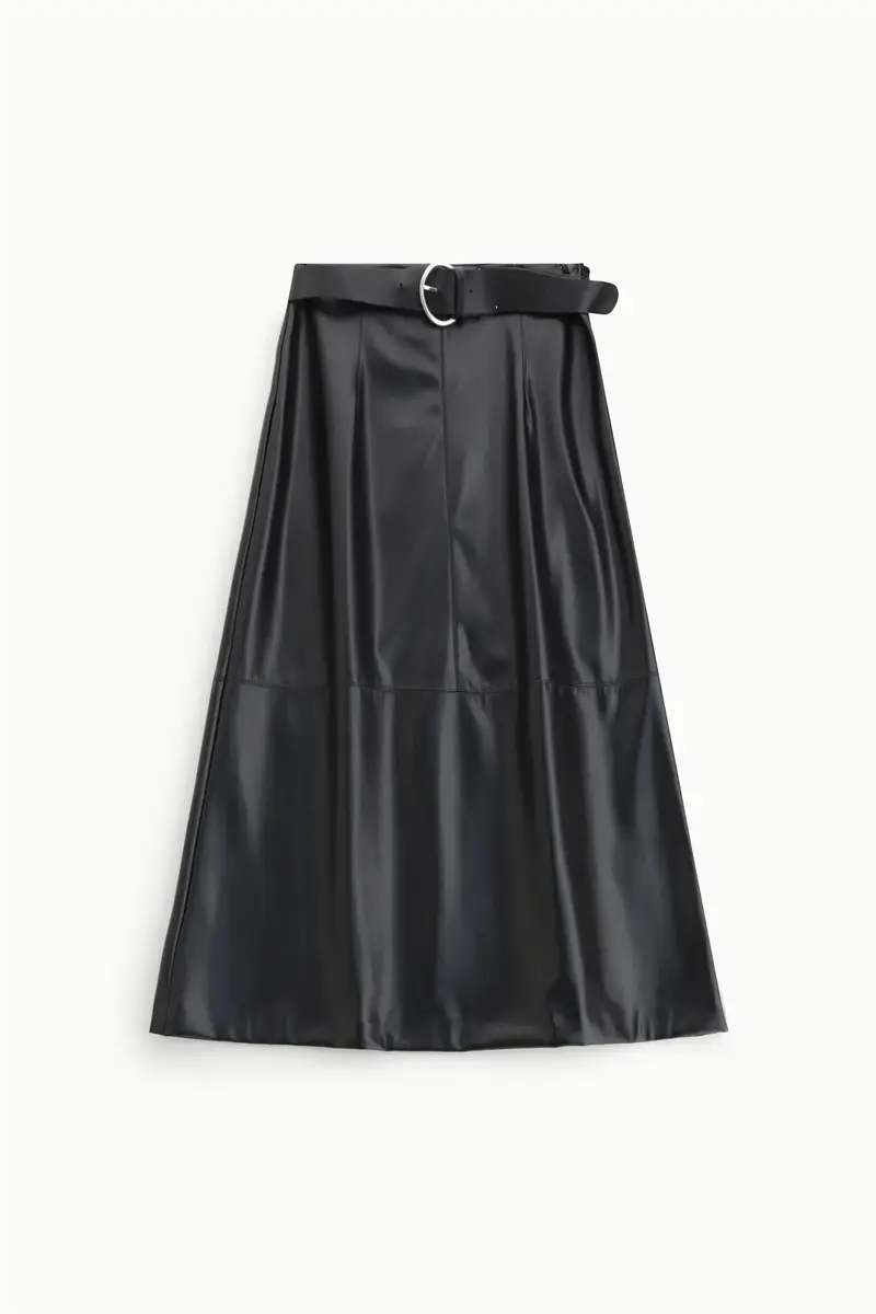 Gonna lunga con cintura in similpelle Nero