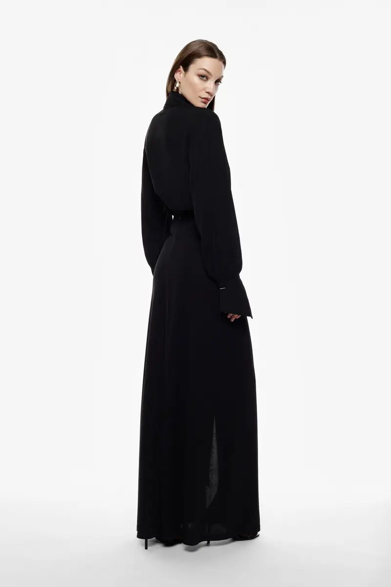 Gonna lunga con drappeggio e spilla metallica Nero miniatura 3