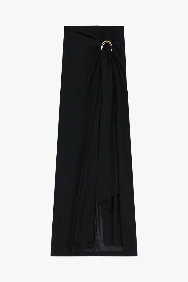 Gonna lunga con drappeggio e spilla metallica Nero