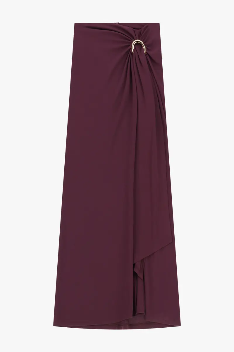 Gonna lunga con drappeggio e spilla metallica Prugna