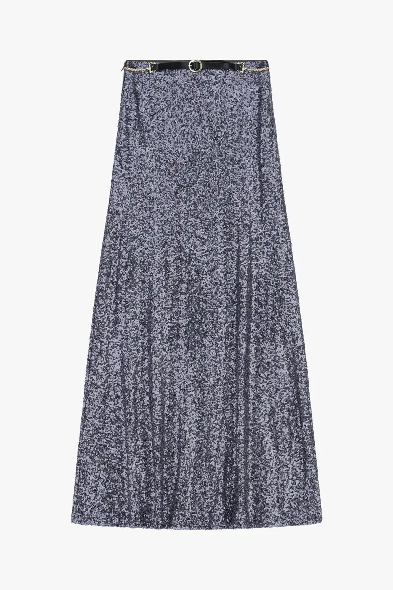 Gonna lunga con paillettes e cintura decorativa Grigio