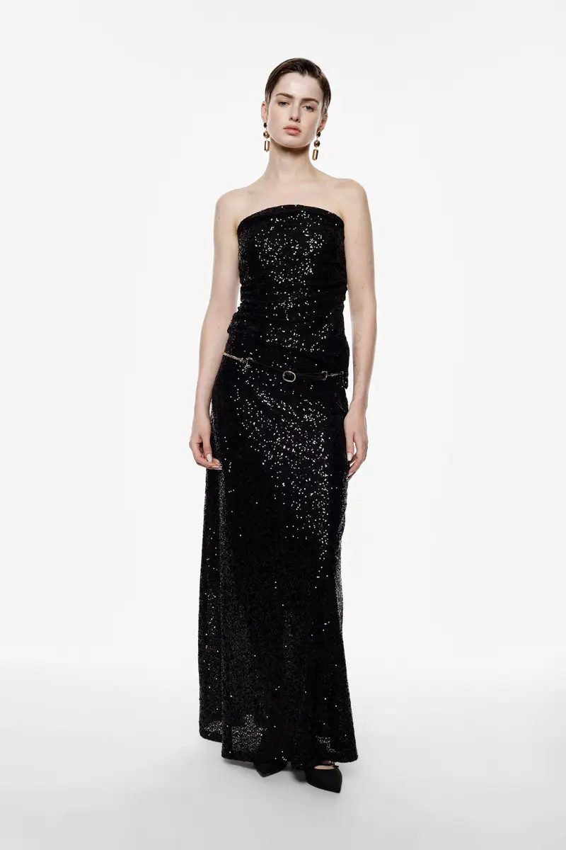 Gonna lunga con paillettes e cintura decorativa Nero miniatura 2