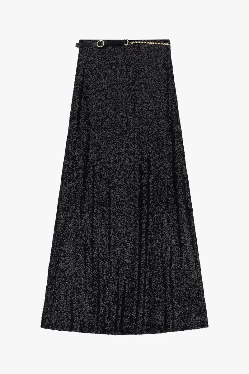 Gonna lunga con paillettes e cintura decorativa Nero