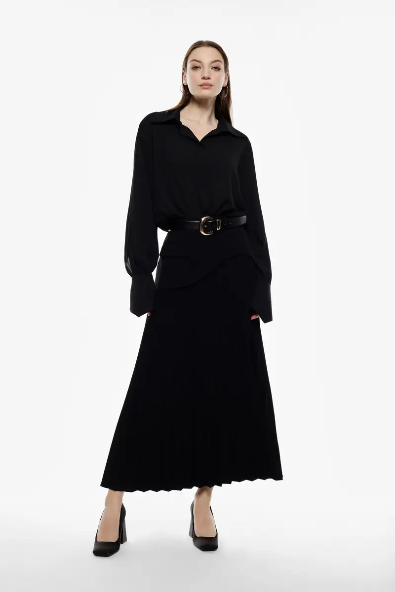 Gonna lunga plissé con dettaglio sovrapposto Nero miniatura 3