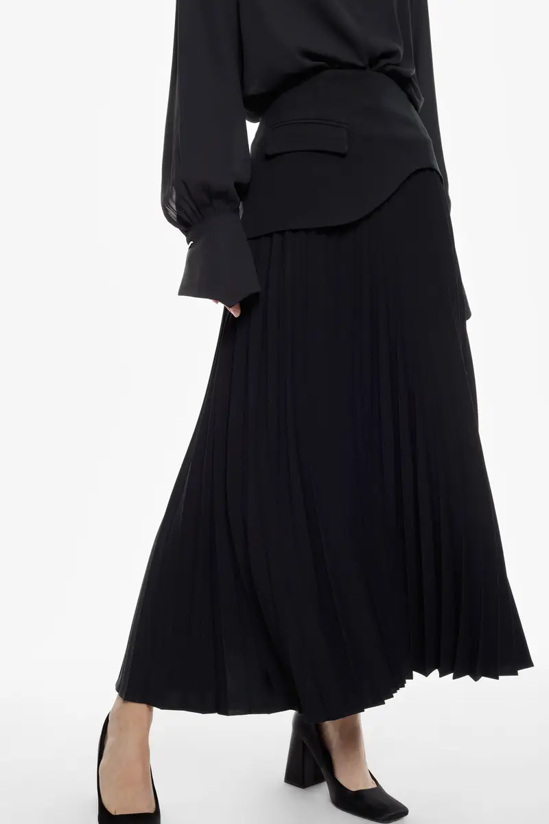 Gonna lunga plissé con dettaglio sovrapposto Nero miniatura 4